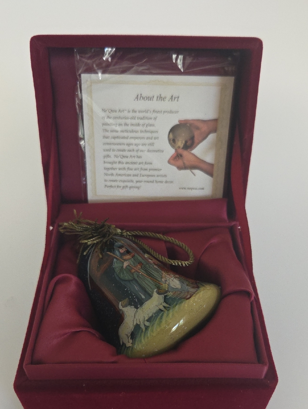 Hand-Painted Decorative Bell Ornament in Deep Burgundy Box